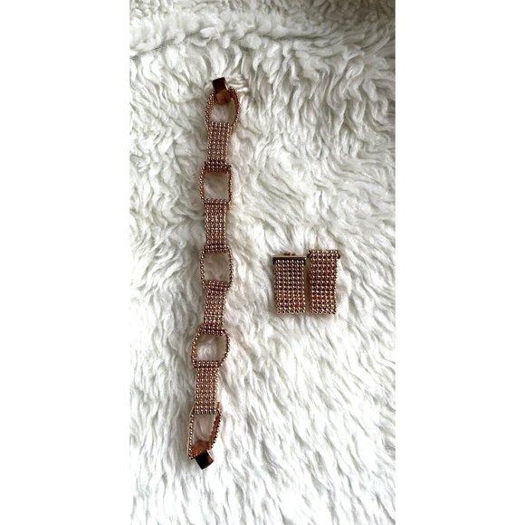 Rose Gold Tone Multi-Cord Textured Bracelet Magnetic Clasp  Matching Earring Set - Picture 1 of 4